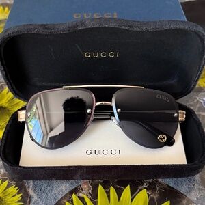 Gucci GG 1220S Black & Gold Aviator Sunglasses - Ships Today!